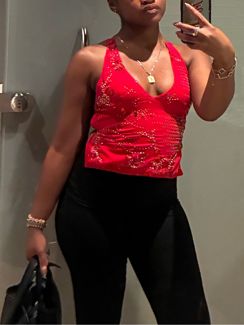 SHEIN Red Embellished V-Neck Halter Tank Top